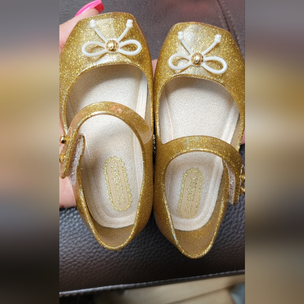 Mini Melissa Gold Glitter Velcro strap shoes